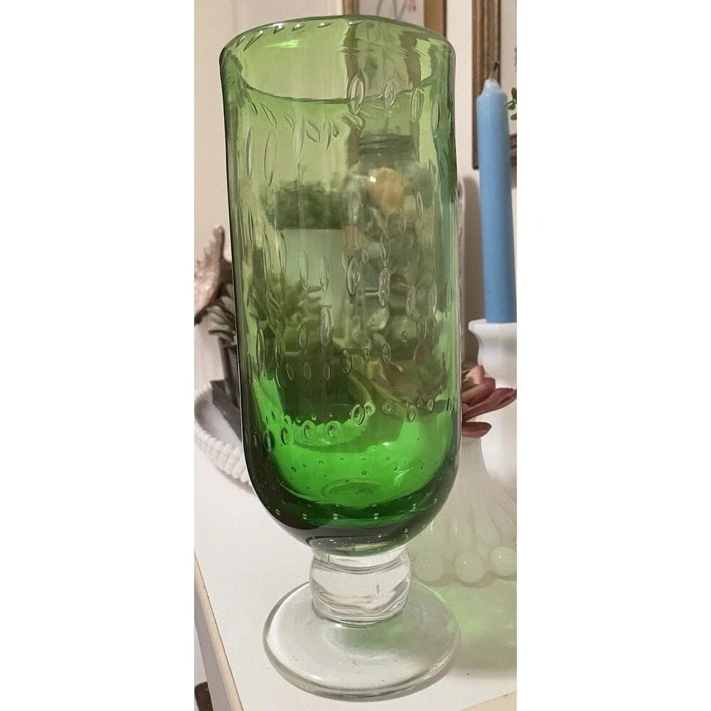 70’s Art Deco Hand Blown Controlled Bubble Apple Green & Clear Base Glass Vase
